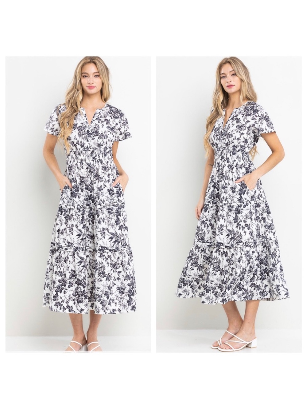 Floral V-Neck Tiered Midi Dress in Black & White
